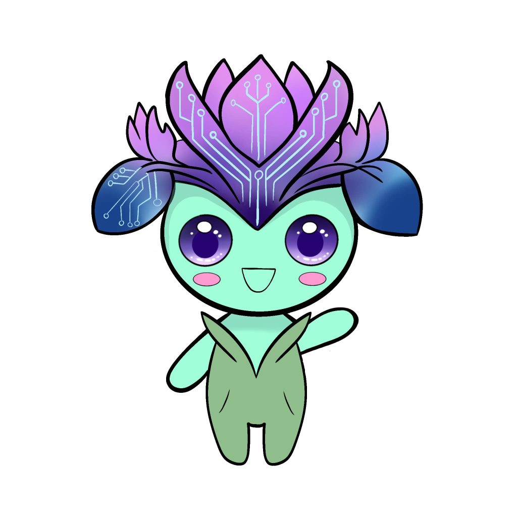 Isyss, mascotte mi-plante, mi-techno, dit bonjour.