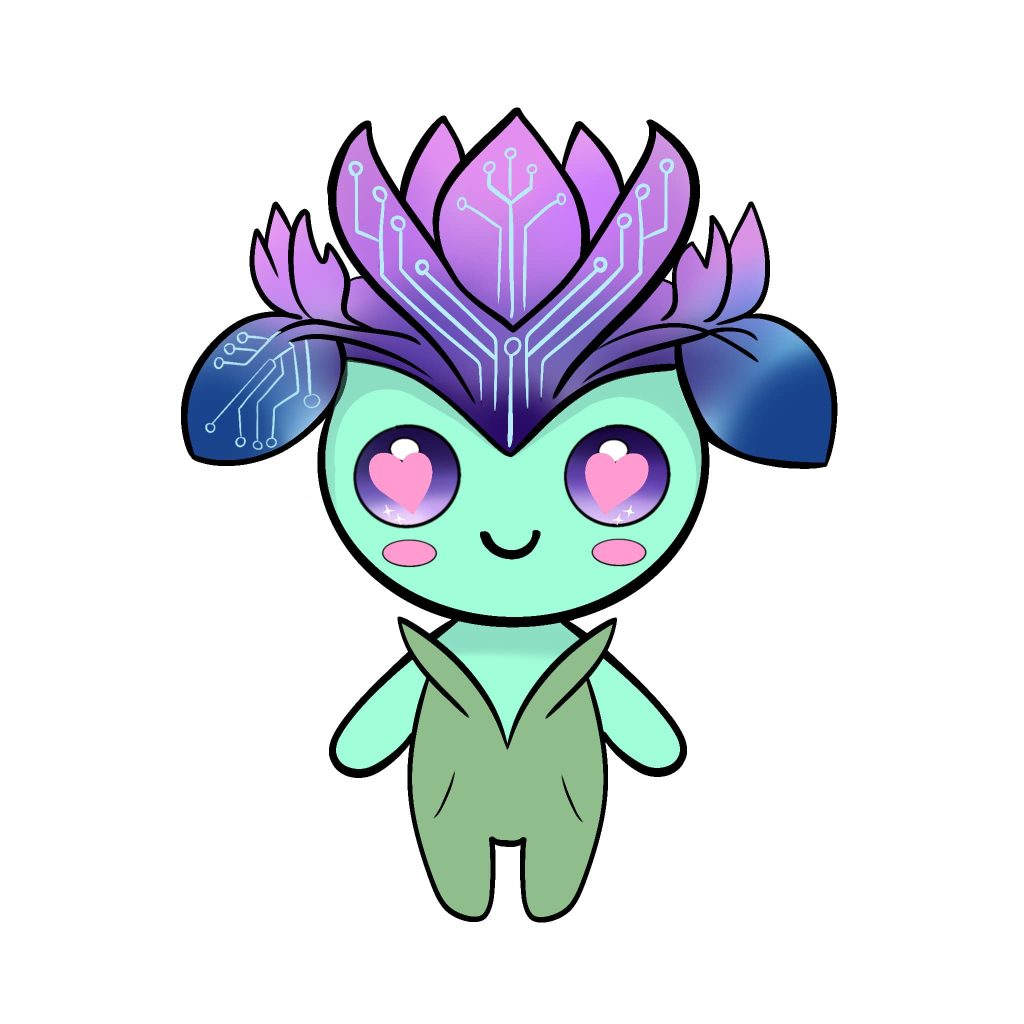 Isyss, mascotte mi-plante, mi-techno, heureuse.
