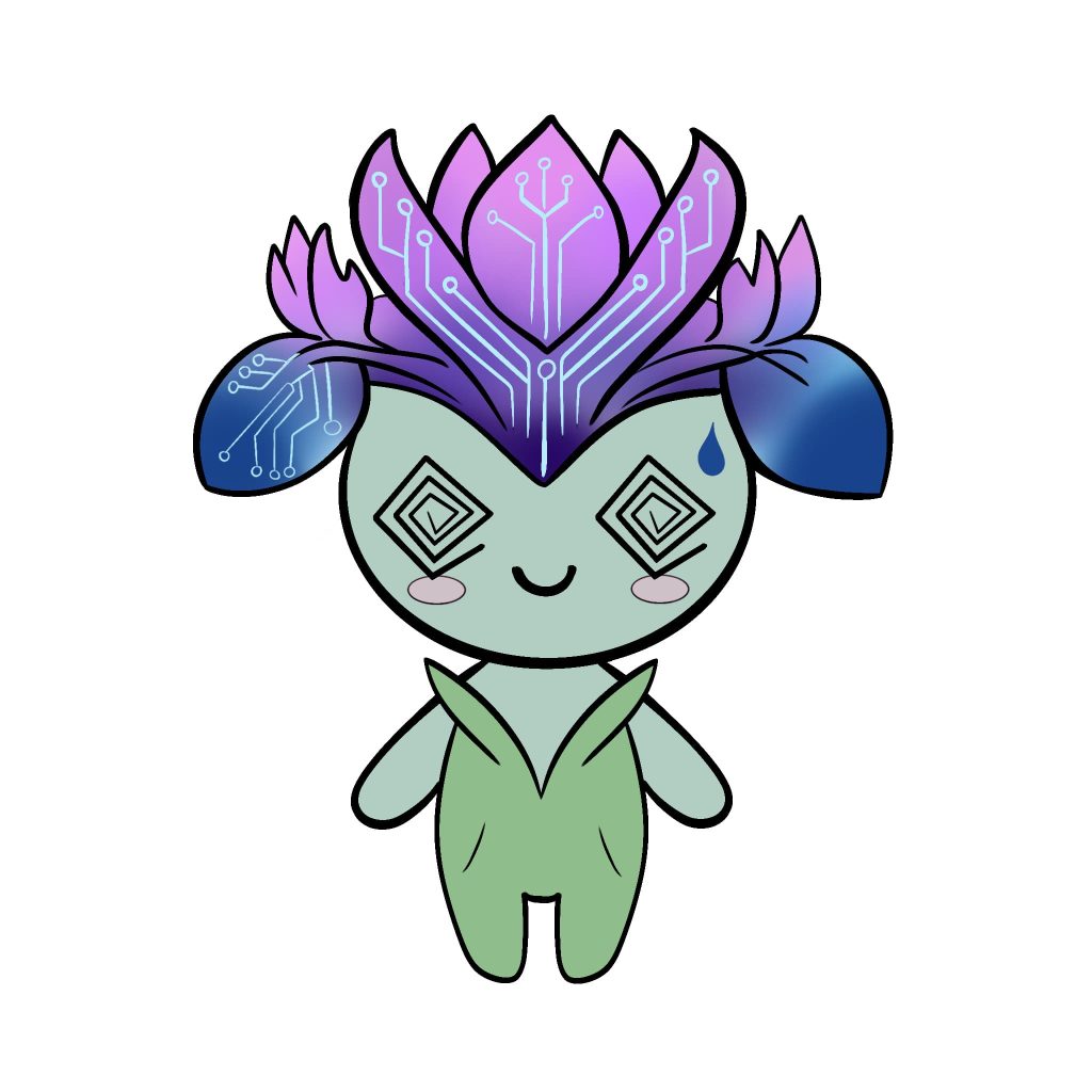 Isyss, mascotte mi-plante, mi-techno, étourdie.