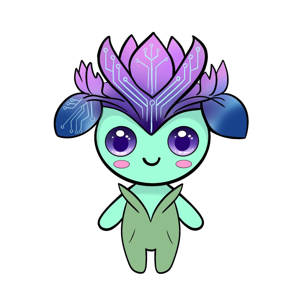 Isyss, mascotte mi-plante, mi-techno, souriante.