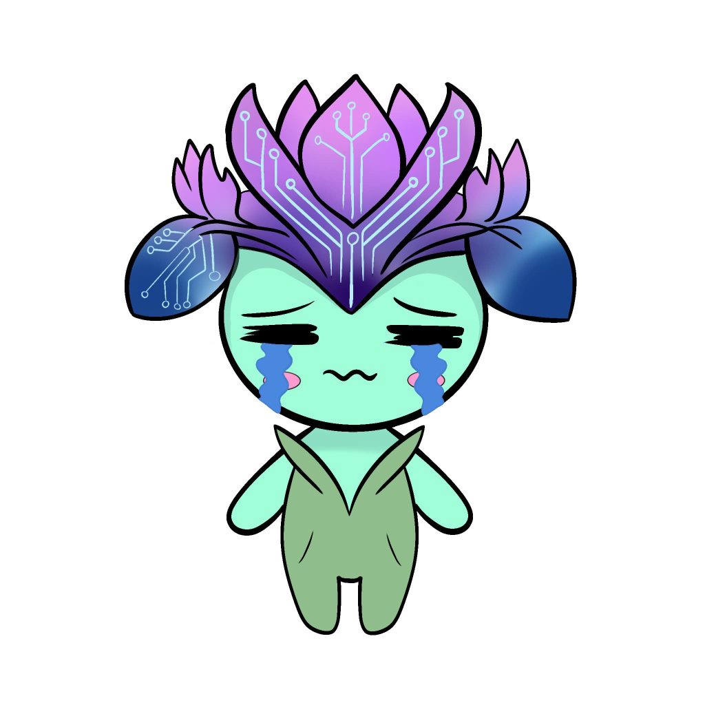 Isyss, mascotte mi-plante, mi-techno, pleure.